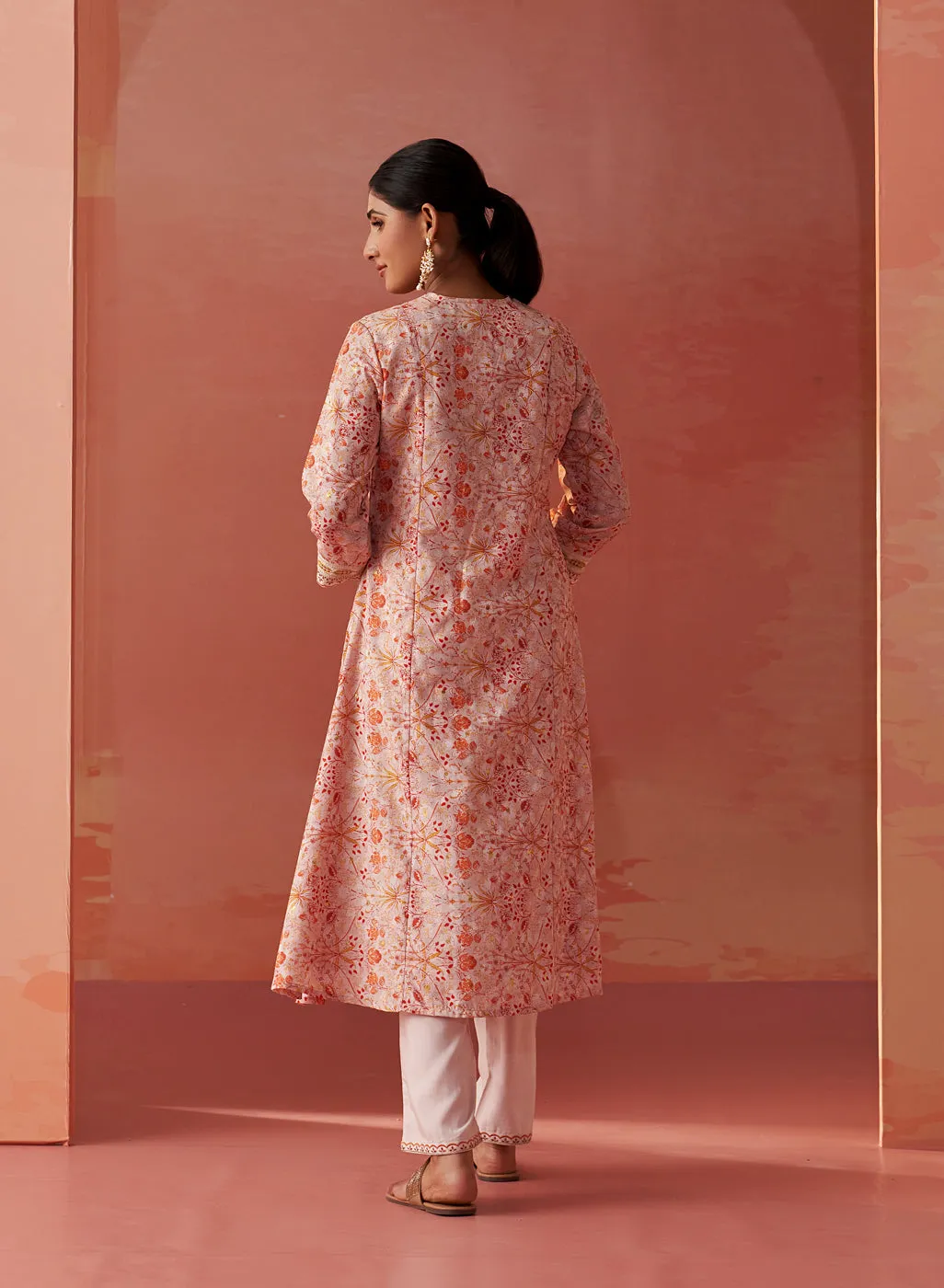 Rumaisa Orange Printed Chanderi Jacquard A-Line Zari Embroidery Co-ord Set