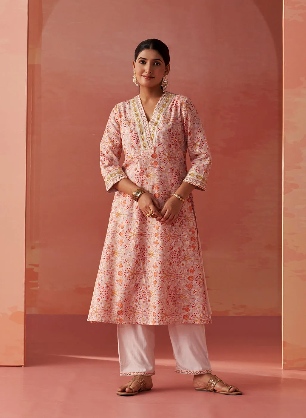 Rumaisa Orange Printed Chanderi Jacquard A-Line Zari Embroidery Co-ord Set