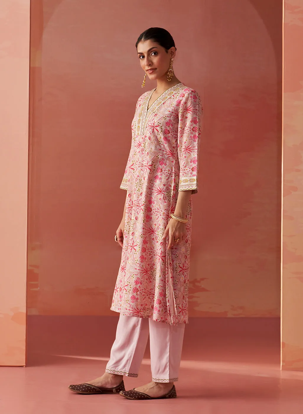 Rumaisa Pink Printed Chanderi Jacquard A-Line Zari Embroidery Co-ord Set