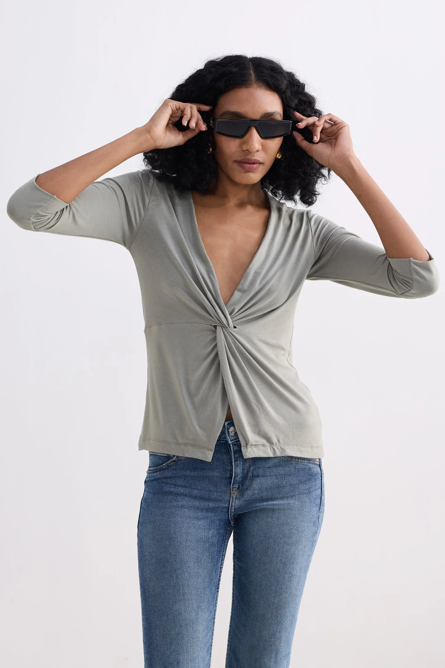 Twist Front Knit Shirt in Light Olive