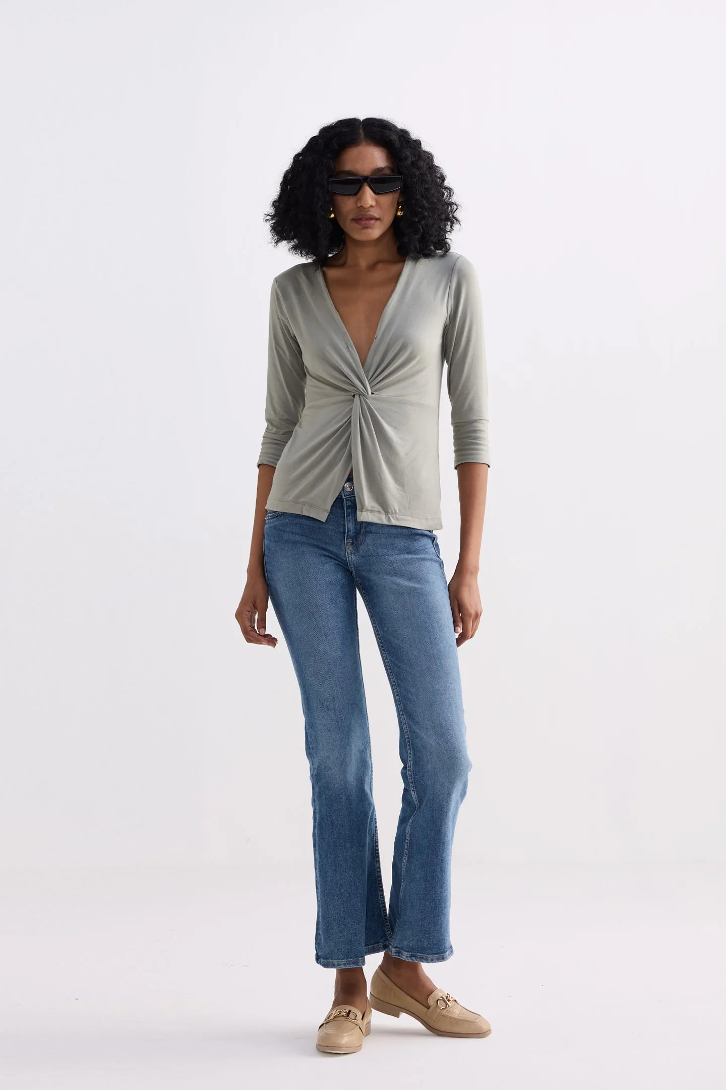 Twist Front Knit Shirt in Light Olive