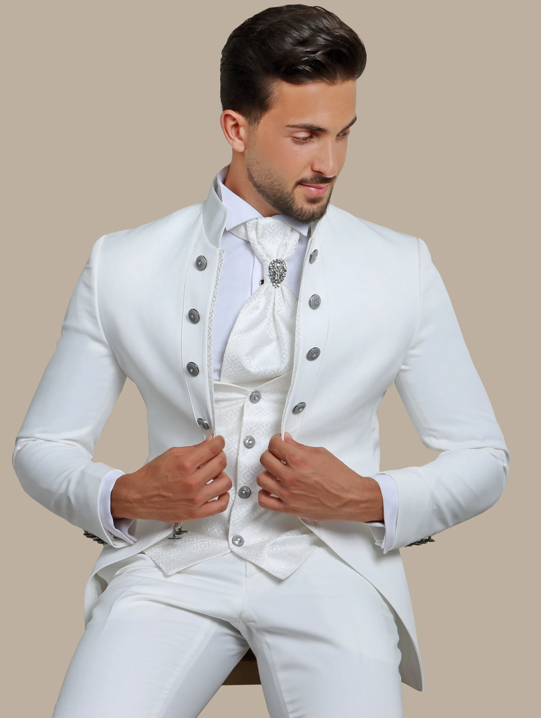White 4-Piece Tuxedo with Col Chale & 12 Buttons