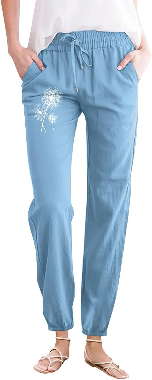 Woman Pants Casual Summer Drawstring High Waist Straight Leg Pants Casual Dressy Work Vacation Beach Trousers with Pockets