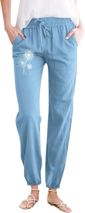 Woman Pants Casual Summer Drawstring High Waist Straight Leg Pants Casual Dressy Work Vacation Beach Trousers with Pockets