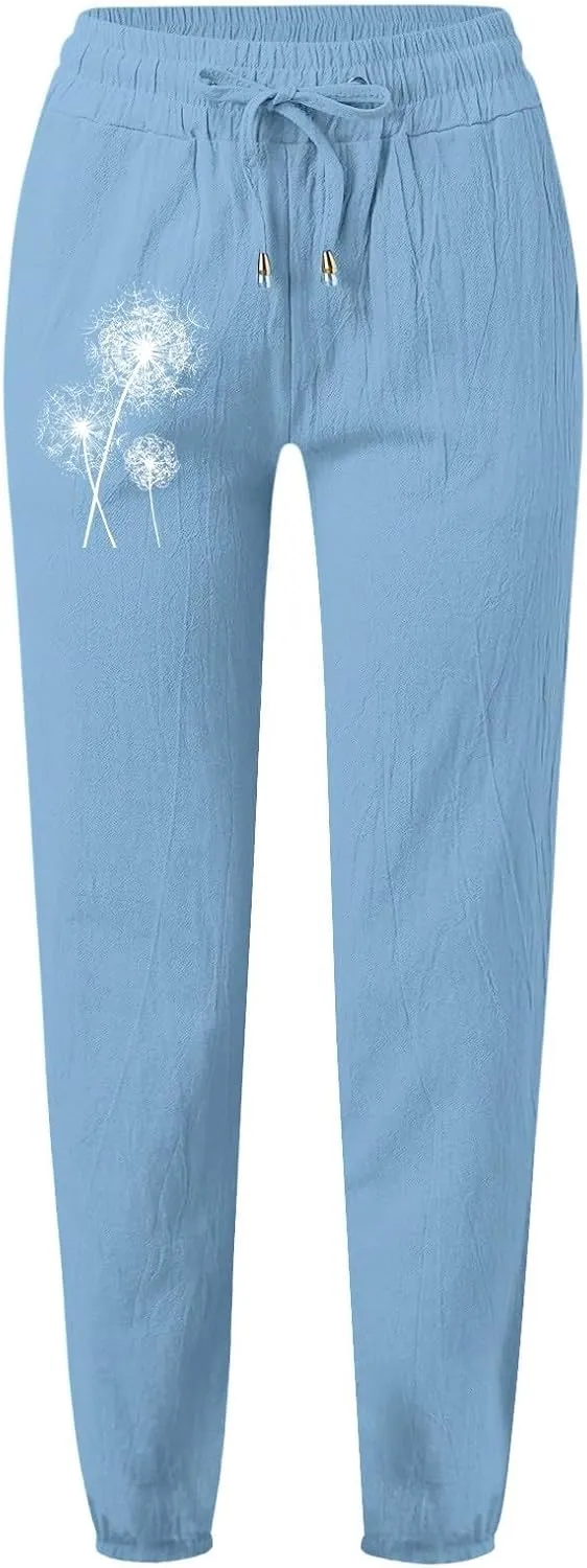 Woman Pants Casual Summer Drawstring High Waist Straight Leg Pants Casual Dressy Work Vacation Beach Trousers with Pockets