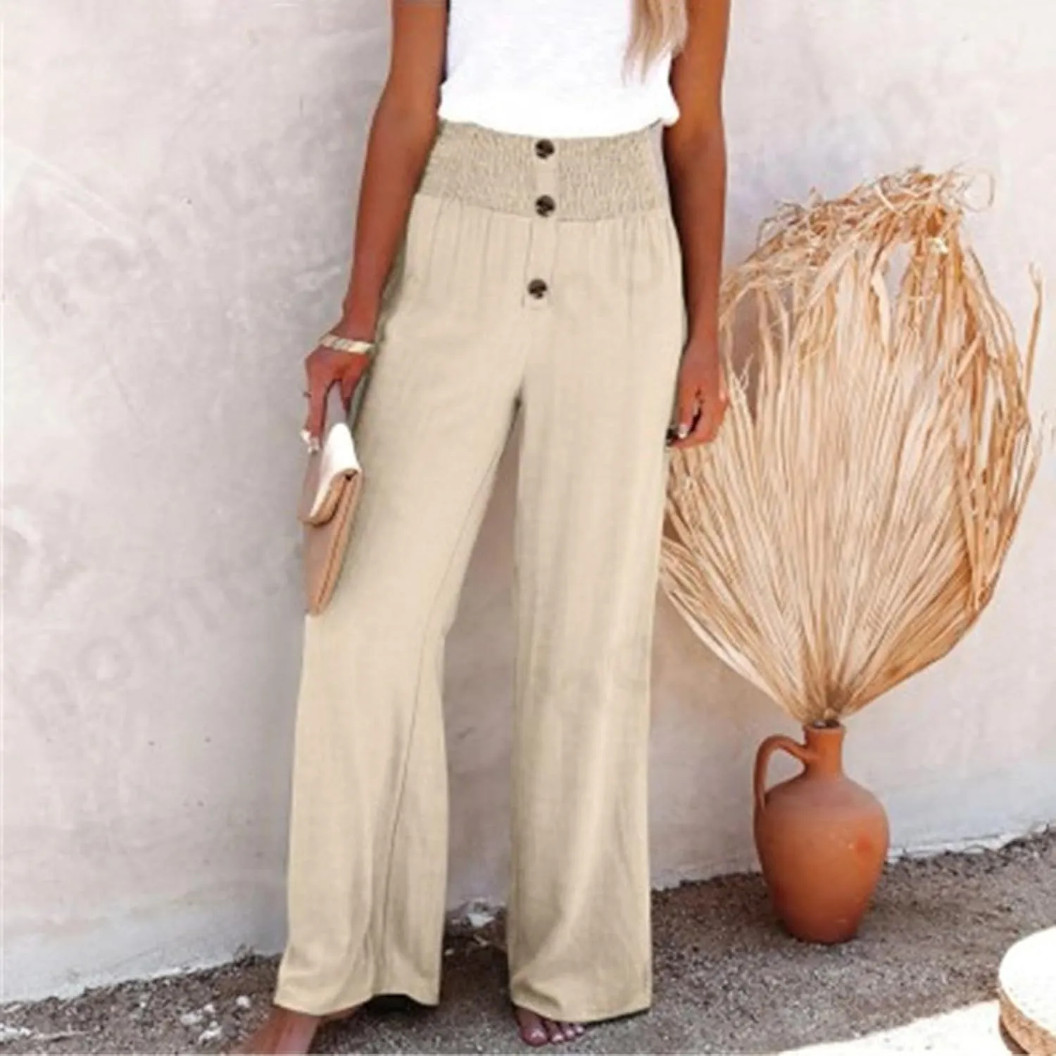 Women Flowy Palazzo Pants Cotton Linen Wide Leg Pant Long Lounge Beach Slacks Smocked High Waist Button Trousers