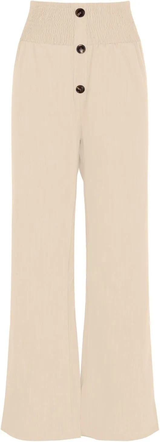 Women Flowy Palazzo Pants Cotton Linen Wide Leg Pant Long Lounge Beach Slacks Smocked High Waist Button Trousers