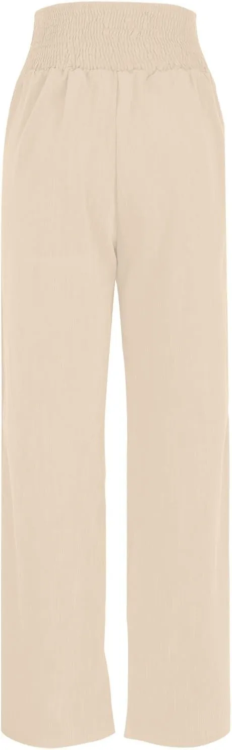 Women Flowy Palazzo Pants Cotton Linen Wide Leg Pant Long Lounge Beach Slacks Smocked High Waist Button Trousers