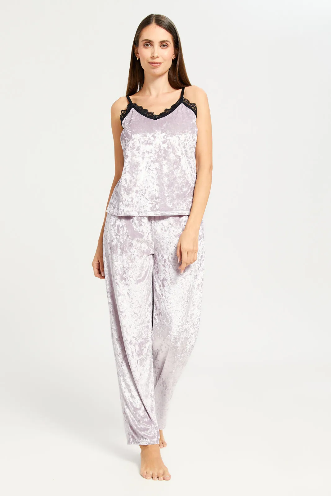 Women Lilac Crushed Velvet Long Pant Cami Set (2 Piece)