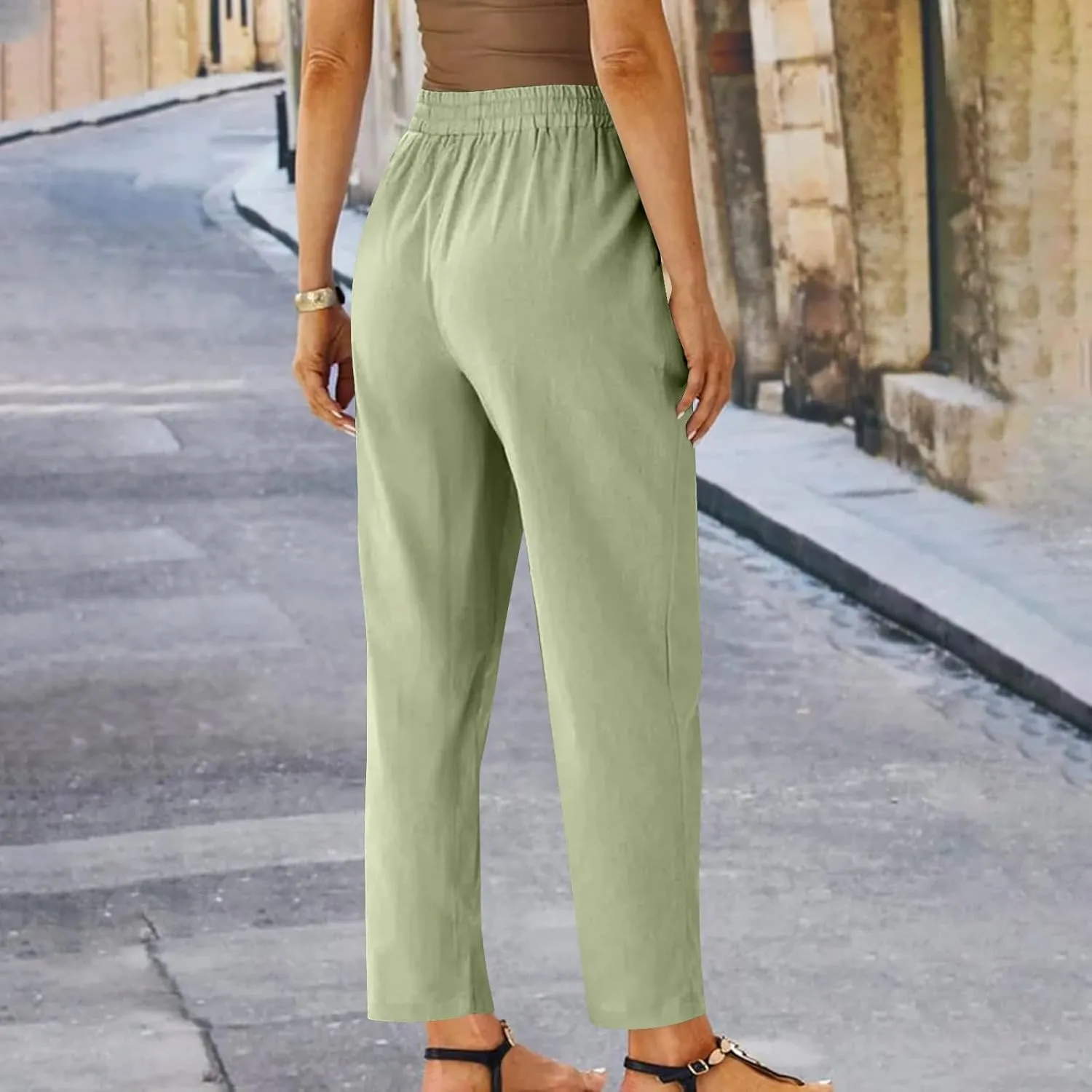 Women Linen Cropped Pants High Waist Comfy Straight Leg Capris Pant Casua Lightweight Loose Ankle Length Work Trousers