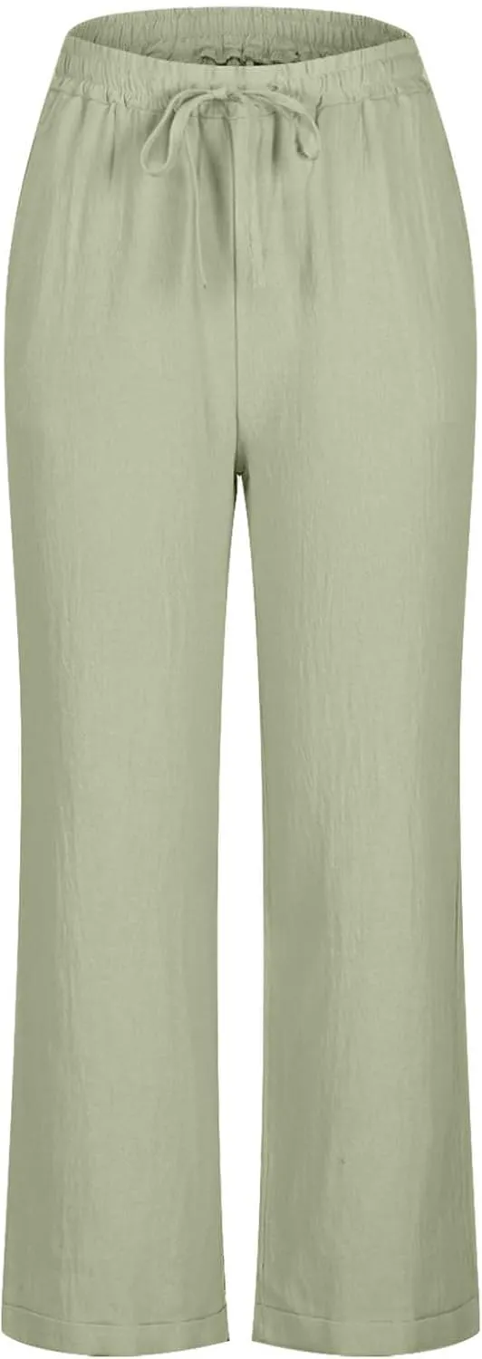 Women Linen Cropped Pants High Waist Comfy Straight Leg Capris Pant Casua Lightweight Loose Ankle Length Work Trousers