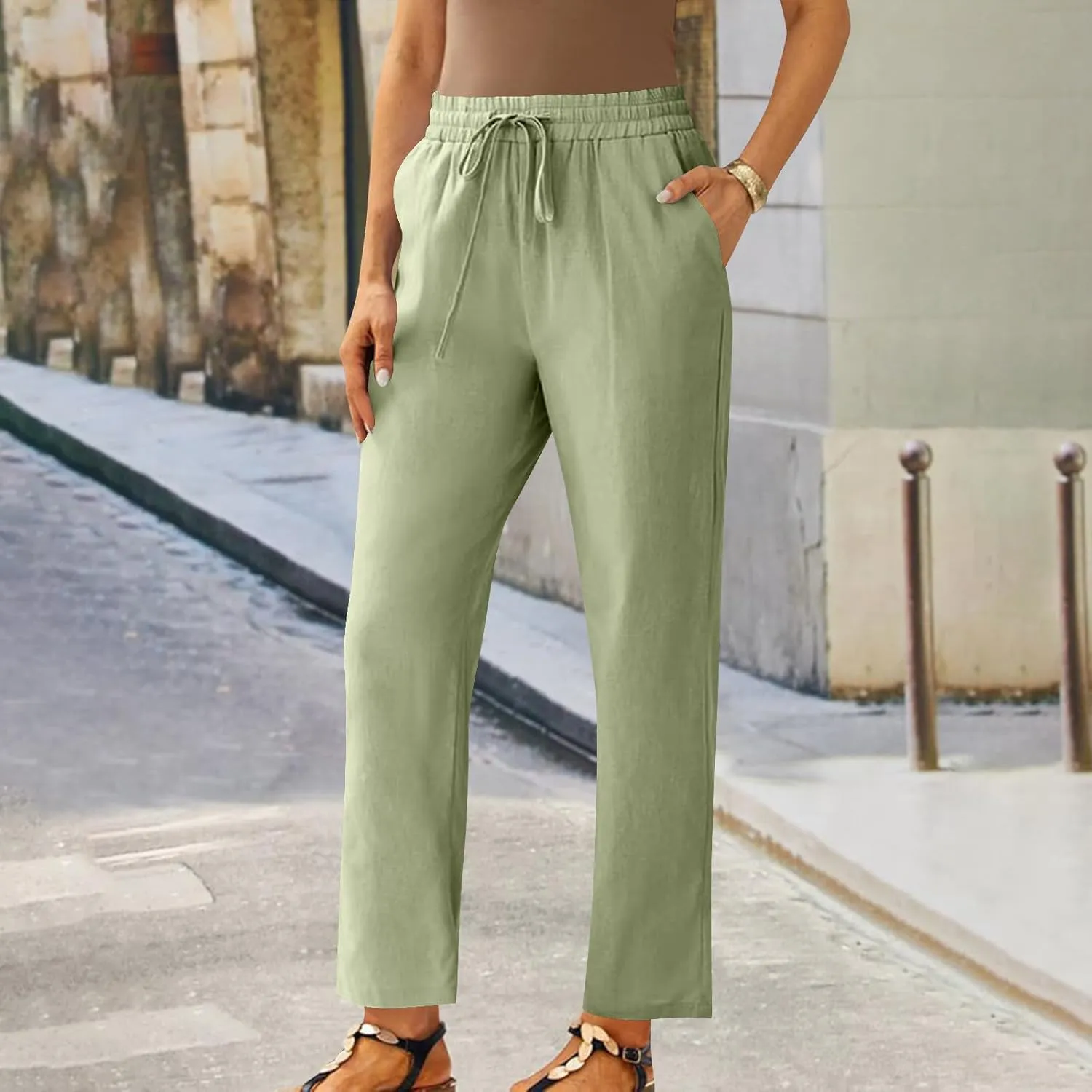 Women Linen Cropped Pants High Waist Comfy Straight Leg Capris Pant Casua Lightweight Loose Ankle Length Work Trousers