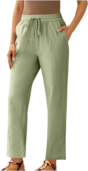 Women Linen Cropped Pants High Waist Comfy Straight Leg Capris Pant Casua Lightweight Loose Ankle Length Work Trousers