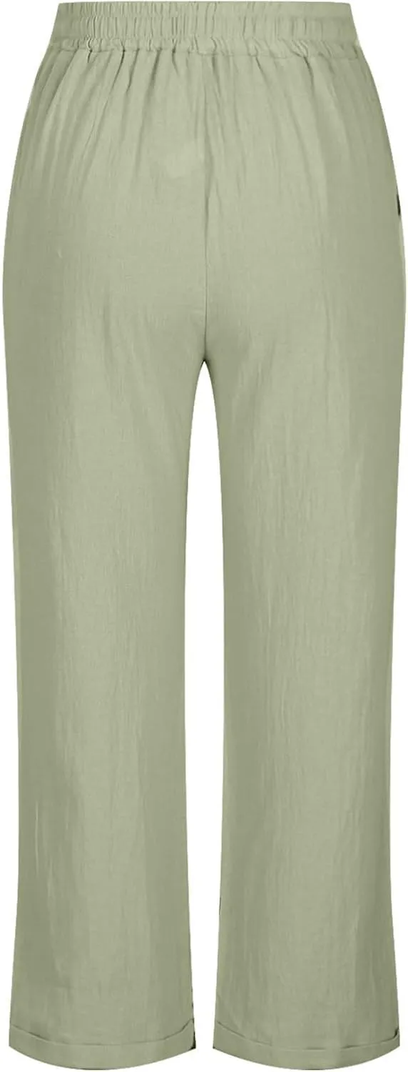 Women Linen Cropped Pants High Waist Comfy Straight Leg Capris Pant Casua Lightweight Loose Ankle Length Work Trousers