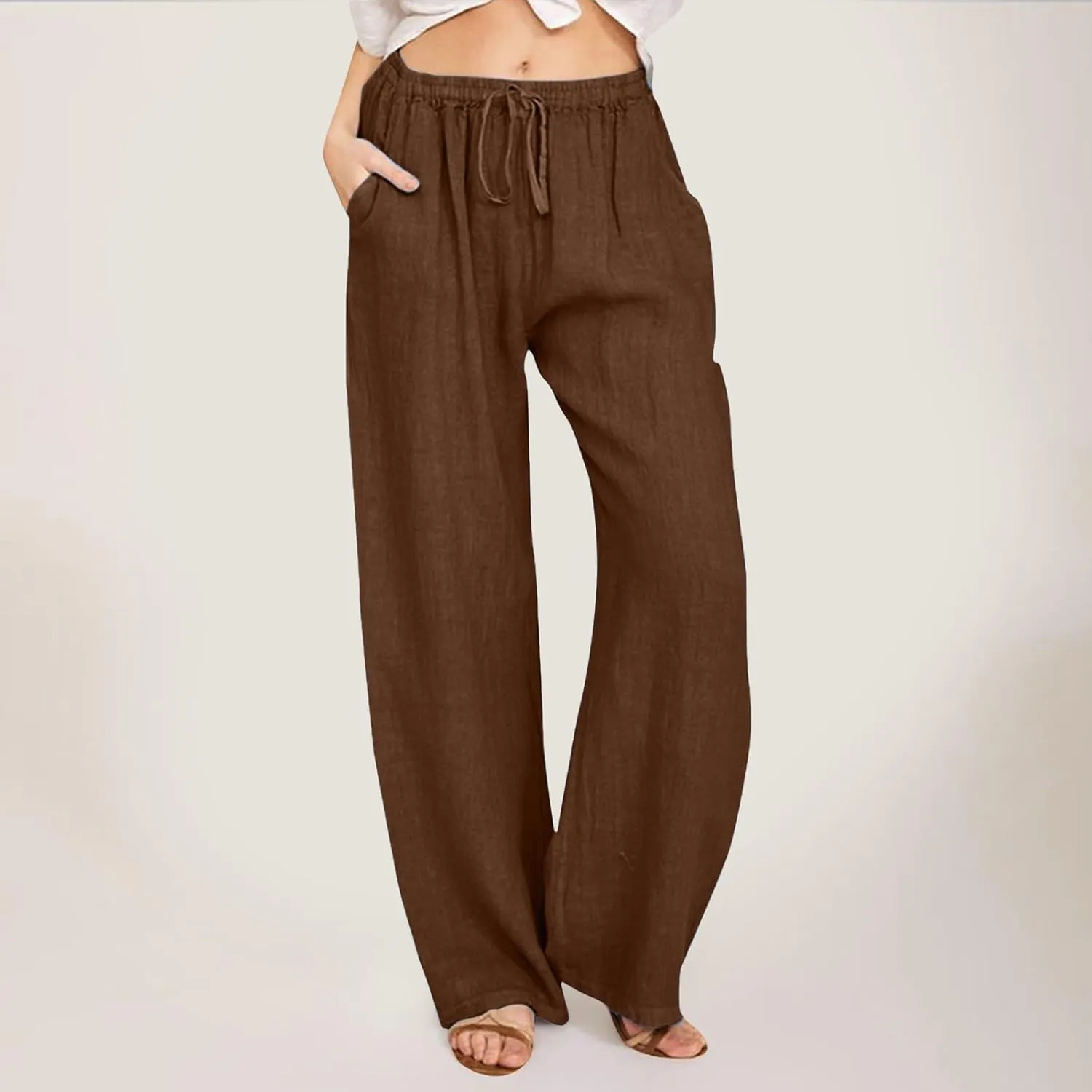 Women Linen Summer Casual Loose Pants Low Waist Long Lounge Loose Fit Trouser Office